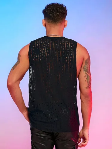 Vista 4 de WDIRARA Camiseta sin mangas con lentejuelas con purpurina y cuello redondo para hombre, corte abierto, para fiesta de club