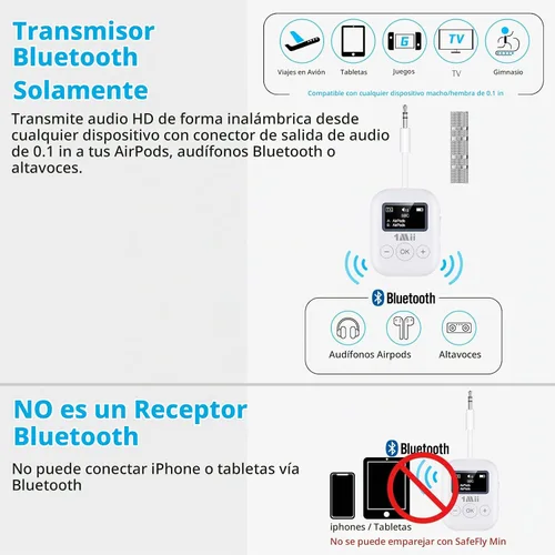 Vista 8 de 1Mii Transmisor Bluetooth 5.3 para Avión para Todos los Auriculares - Adaptador Bluetooth para TV - Conexión Dual - aptX Baja Latencia - Viaje