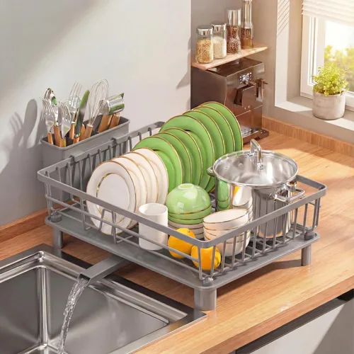 Vista 8 de Escurridor de platos para encimera de cocina, escurridor de acero inoxidable con soporte desmontable para cubiertos, sistema de drenaje automático