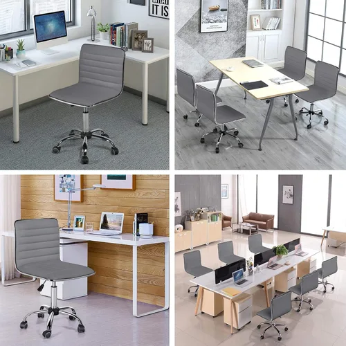 Vista 4 de Yaheetech Silla de oficina moderna de piel sintética sin brazos, 2 piezas, ajustable, con respaldo bajo, giratoria, ruedas rodantes, color gris