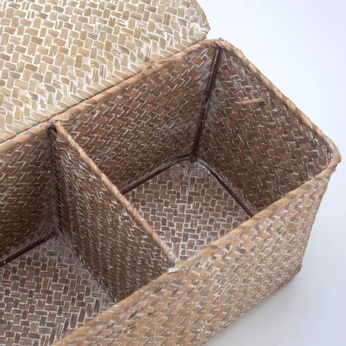 Vista 4 de Cesta de Almacenamiento de Seagrass Blanqueado con Tapa Tejida para Rollos de Papel Higiénico con Secciones Rectangular para Organizar Snacks