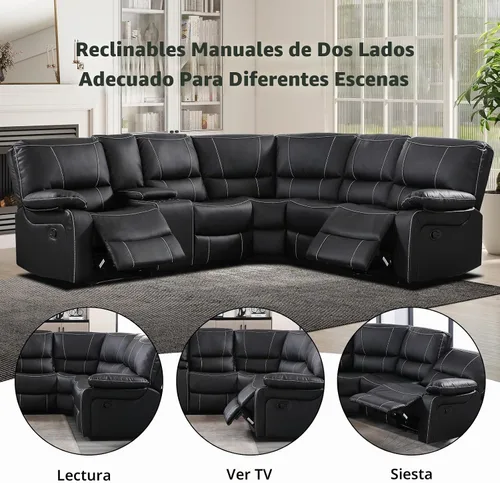 Vista 5 de EBELLO - Juego de sofá modular reclinable manual para sala de estar, sofá modular reclinable de piel sintética suave con consola central, portavasos
