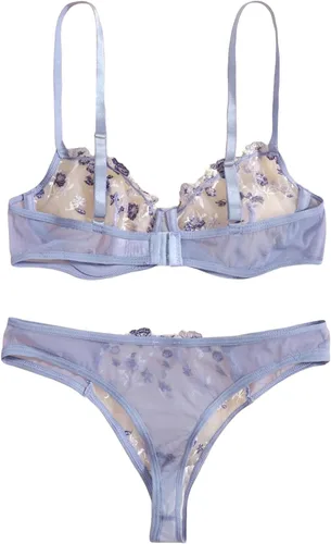 Vista 3 de Lilosy Conjunto de lencería sexy floral bordado de malla con aros