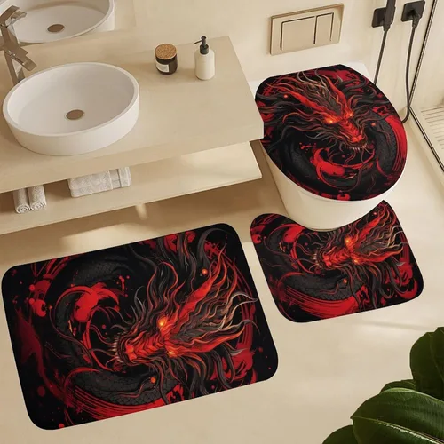 Vista 6 de Juego de 4 cortinas de ducha clásicas de dragón, animales mitológicos, criatura roja fuego, juego de baño con cortina de ducha, alfombra para tapa