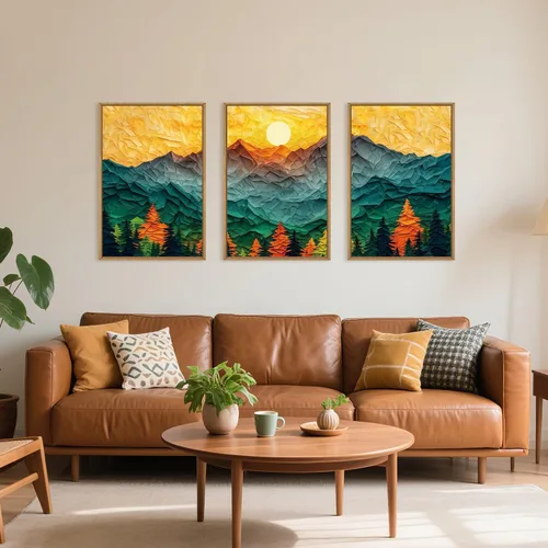 Vista 23 de Celestdeco Juego de arte de pared en lienzo abstracto y neutro grande con marco naranja, moderno y minimalista para pared, diseño geométrico bohemio