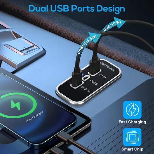 Vista 2 de Linkstyle Toma de corriente USB de 12 V, doble USB A y USB C de 18 W, panel de enchufe de cargador rápido con luz LED para montaje empotrado