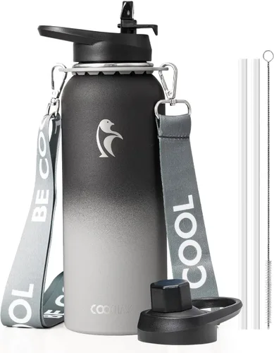 Vista 33 de Botella de agua Coolflask de 40 onzas con correa, botella de agua metálica aislada con popote y tapas con pico, acero inoxidable de doble pared al