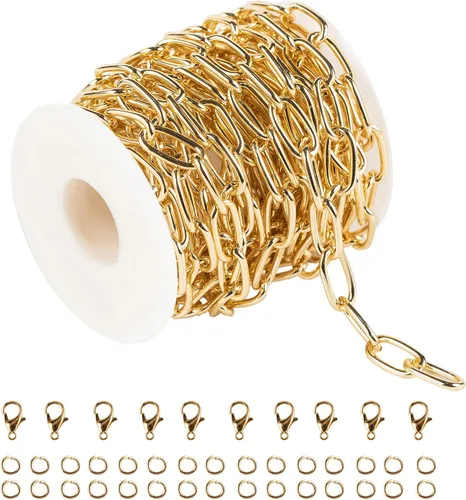 Vista 12 de 10 metros collar con colgante de papel plateado en oro, cadena de eslabones de aluminio para hacer joyas, rollo de cadena con anillas abiertas