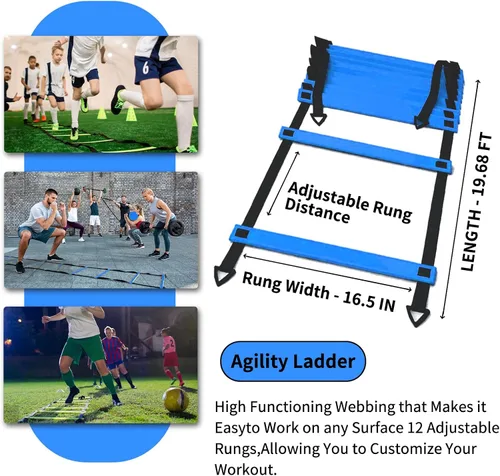 Vista 2 de IHEPYQ Juego de equipos de entrenamiento de agilidad de fútbol, escalera de agilidad de 12 peldaños de 20 pies, 12 conos de disco, 4 estacas