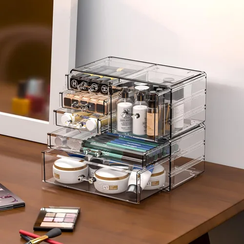 Vista 6 de Cq acrylic Paquete de 2 organizadores de escritorio transparentes con cajones, organizador apilable de 6 cajones para el cuidado de la piel, lindos