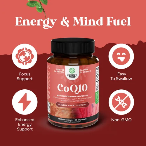 Vista 4 de Suplemento de cápsulas líquidas CoQ10 - Coenzima Q10 de alta absorción con 200 mg por porción - Salud cardíaca y potente apoyo energético