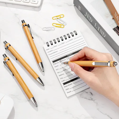 Vista 4 de Outus 12 bolígrafos retráctiles de madera de bambú, tinta negra, bolígrafos de 0.039 in, juego de productos para regalos, escritura, oficina