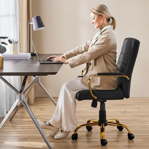 Vista 4 de Topeakmart Silla de escritorio de oficina Silla ejecutiva de cuero sintético ajustable con marco dorado asiento negro