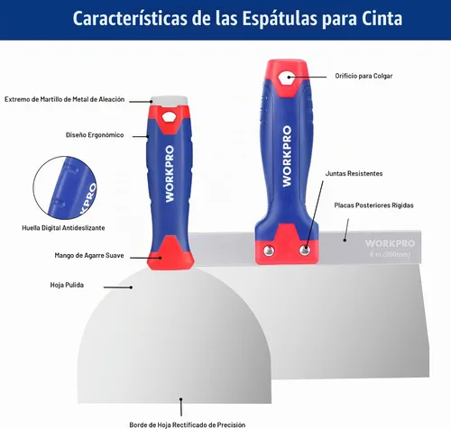Vista 3 de Juego de cuchillos para paneles de yeso WORKPRO, cuchillo de cinta de acero inoxidable con hojas de 4", 6", 8", 10", 12" y extremo de martillo