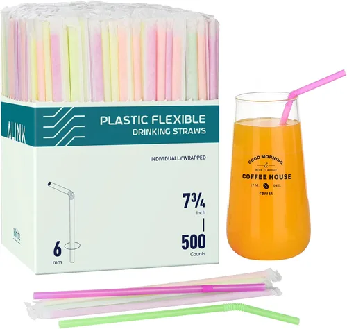 Vista 10 de ALINK 100 popotes flexibles de color neón, pajitas flexibles desechables de plástico, 7.75 x 0.23 pulgadas