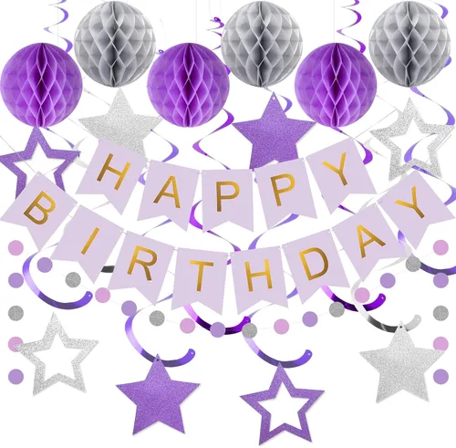 Vista 11 de meowtastic - Decoraciones de cumpleaños, pancarta de feliz cumpleaños con bolas de panal de abeja, serpentinas colgantes de estrellas, guirnalda