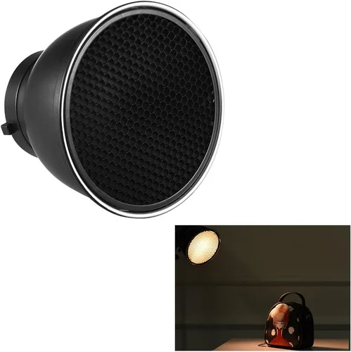 Vista 9 de Andoer Lámpara de difusor plano reflector estándar de 7 pulgadas con rejilla de panal de 60° para montaje Bowens para Flash Studio Strobe Speedlite