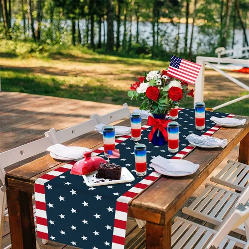 Vista 2 de Día de la Independencia, 4 de julio, camino de mesa de arpillera de lino para cenas, fiestas, decoración de cocina, bandera patriótica de Estados