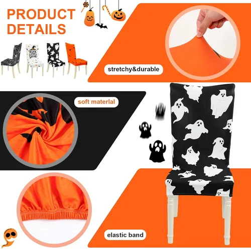 Vista 7 de Preboun 8 fundas para sillas de Halloween de 4 estilos, fundas para sillas de comedor de Halloween, fundas protectoras para sillas espeluznantes