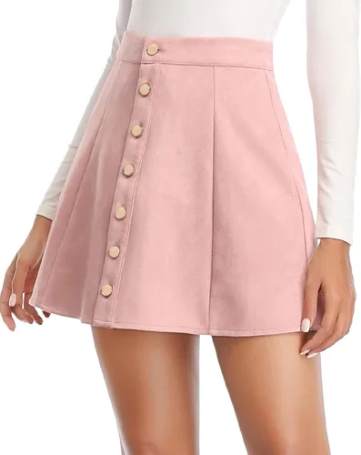 Vista 3 de Fuinloth - Falda de ante sintético con cierre de botón para mujer, acampanada, tiro alto, corta