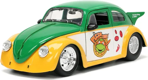 Vista 4 de Jada Teenage Mutant Ninja Turtles 1:24 1959 Volkswagen Drag Beetle - Coche fundido a presión y figura de Miguel Ángel de 2.75 pulgadas, juguetes