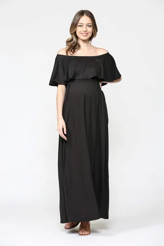Vista 4 de Vestido de maternidad con hombros descubiertos, vestido largo para mujeres embarazadas, para fiestas de recién nacidos, o sesiones de fotos