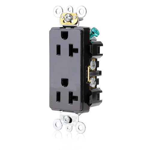 Vista 2 de Leviton Decora Plus Receptáculo dúplex de 20 amperios, 125 voltios, hoja recta, grado industrial, autoconexión a tierra, 16362-E, negro
