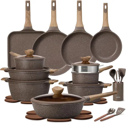 Vista 13 de CAROTE Juego de 26 piezas de ollas y sartenes antiadherentes, juego de utensilios de cocina ollas y sartenes de inducción, cocina antiadherente