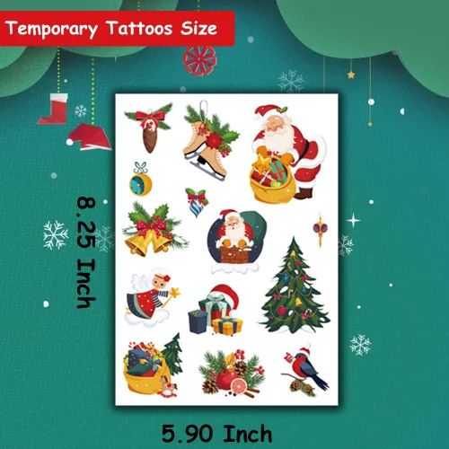 Vista 3 de Tatuajes temporales de Navidad para niños, 6 hojas grandes, tatuajes falsos de Navidad para niñas, niños, regalos de fiesta de Navidad, decoración