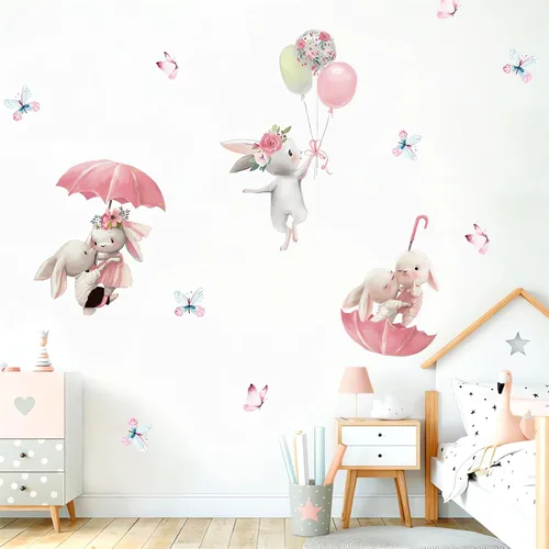 Vista 3 de Calcomanías de pared con diseño de conejos, mariposas, conejos