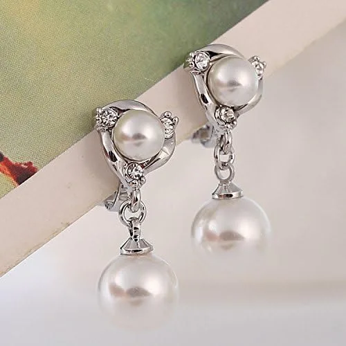 Vista 2 de Pendiente colgante con clip doble de perlas de imitación para no perforado, tono plateado para adolescentes, Plata