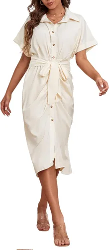 Vista 3 de LYANER Vestido midi de manga corta fruncido con cuello abotonado para mujer