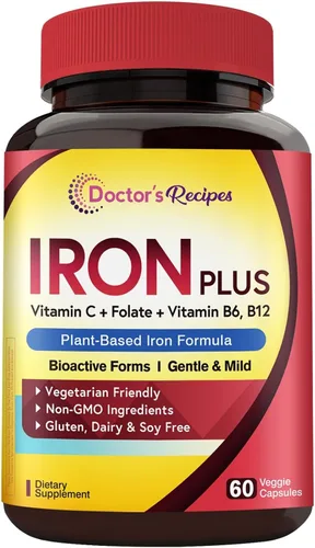 Vista 12 de Doctor's Recipes Suplemento de hierro para mujeres y hombres – Bisglicinato de hierro suave con vitamina C, B6, folato y B12, pastillas de hierro