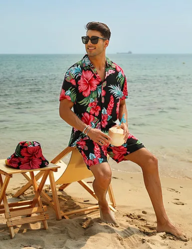 Vista 4 de EISHOPEER Conjunto hawaiano de flores para hombre, camisa de manga corta y pantalones cortos, trajes con sombreros de pescador