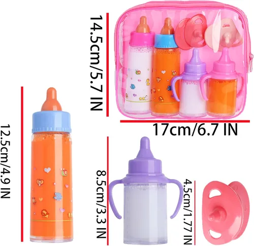Vista 2 de Juego de accesorios de biberones para muñecas de bebé, 2 botellas de leche y 2 botellas de jugo y 2 chupetes de juguete (rosa)
