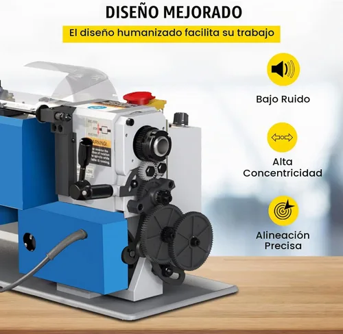 Vista 5 de VEVOR Torno de metal 7"x12", mini torno de mesa de precisión, 550W, velocidad variable de 50 a 2500 RPM, engranaje de nylon, lámpara móvil