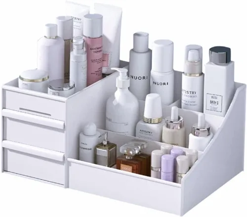 Vista 9 de Organizador de tocador negro con cajones – Caja grande de almacenamiento para hombres en encimera para colonia, cuidado de la piel, maquillaje
