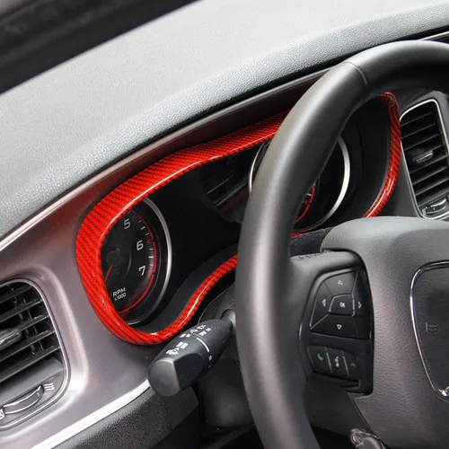 Vista 2 de crosselec Cubierta de marco de panel de medidor de tablero de fibra de carbono, accesorios de decoración interior para Dodge Charger 2015-2021 (rojo)