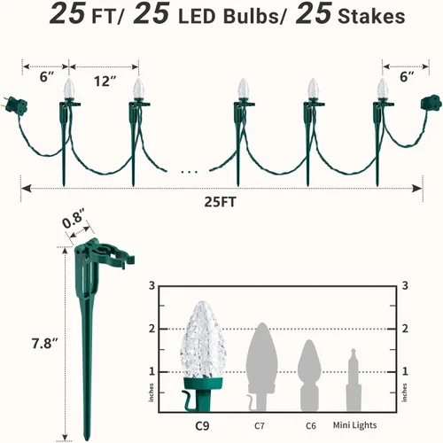 Vista 2 de SURAIELEC C9 Luces de Camino de Navidad, 25 PIES Luces de Navidad para Sendero con 25 Estacas, 25 Bombillas LED Blanco Cálido, Decoración Navideña