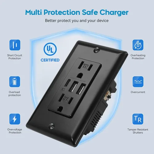 Vista 3 de ECOELER Receptáculo de Tomacorriente USB Negro de 3 Puertos, Tomacorriente de Pared USB C de 6.0A 30W, Enchufe Resistente a Manipulaciones de 15