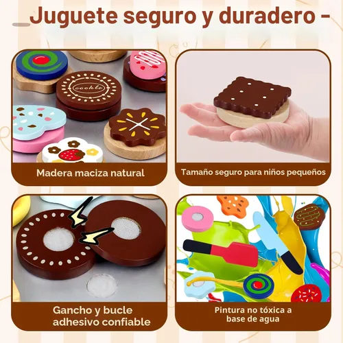 Vista 4 de Juego de Comida de Juguete de Galletas de Madera para Accesorios de Cocina Infantil, Juguetes de Comida para Niños Pequeños de 1-3, Juego