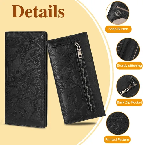 Vista 5 de FALAN MULE Cartera delgada ultrafina para mujer, de cuero plegable, bloqueo RFID, tarjetero de diseño, Negro
