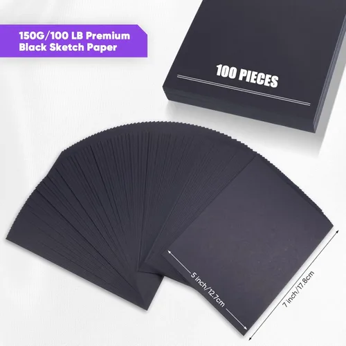 Vista 2 de Crtiin 100 hojas de papel de dibujo negro pesado 150 GSM, 100 libras, papel de dibujo para lápices de colores, pastel al óleo, carbón, bolígrafo