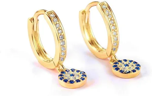 Vista 4 de Aretes de aro de moissanita de oro de 14 quilates para mujer, delicados aretes de gota de cristal azul con ojo de diablo, regalo de joyería