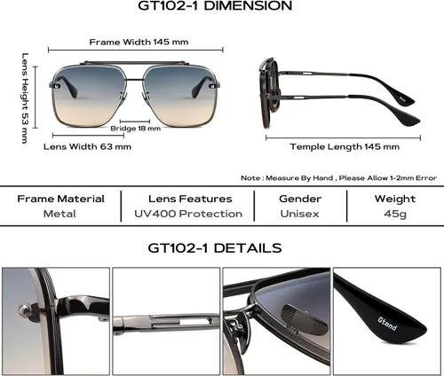 Vista 5 de Gtand Gafas de sol cuadradas de gran tamaño con degradado de aviador para hombres y mujeres gafas de sol de metal vintage de 2480in