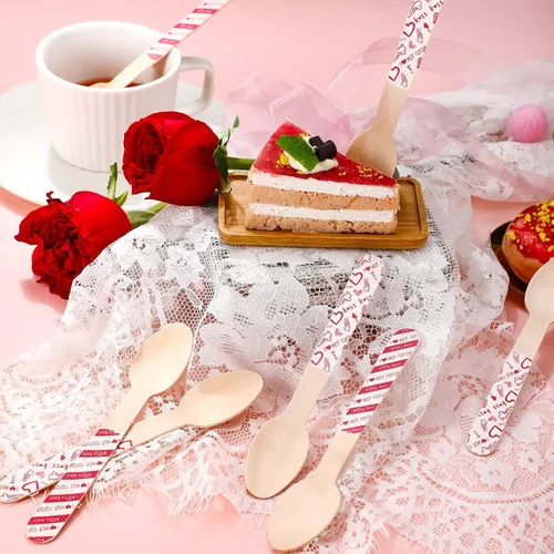 Vista 7 de Eaasty 100 cucharas de madera de chocolate caliente para el día de San Valentín, malvavisco, barra romántica de madera, cucharas agitadoras