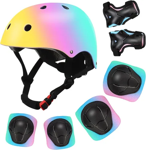 Vista 9 de Casco de bicicleta ajustable con gradiente de color para niños con set de rodilleras y coderas Equipo de seguridad multideporte para niños y niñas