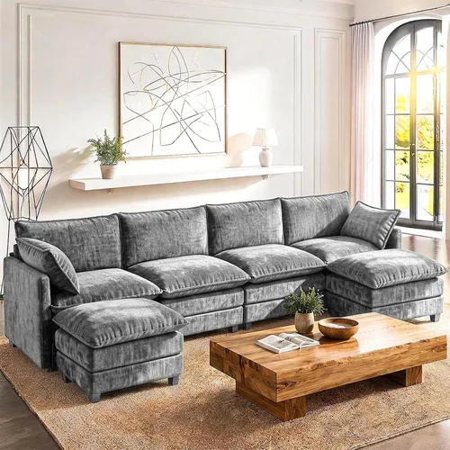 Vista 14 de LEVELEVE Sofá modular en forma de L de 112 pulgadas con 1 otomana, cama convertible de nube de asiento profundo, 3 cojines de 2 brazos, muebles Gris