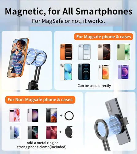 Vista 9 de Soporte magnético para trípode de teléfono de 69 pulgadas con control remoto y soporte para teléfono