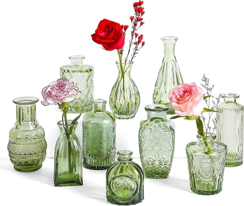 Vista 8 de Juego de 10 jarrones de cristal ámbar, pequeños jarrones de flores para decoración de boda
